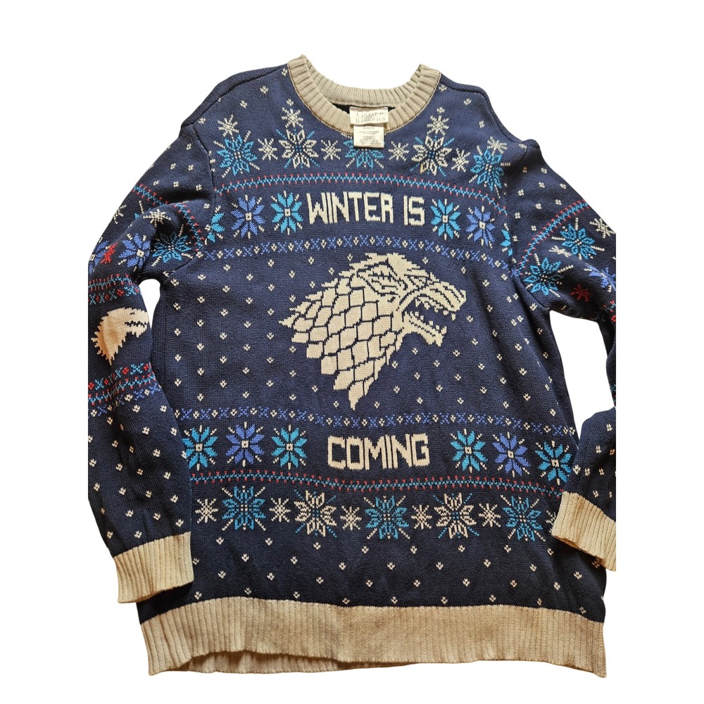 Game of Thrones Winter Is Coming Ugly Christmas Sweater Stark Direwolf Navy XL